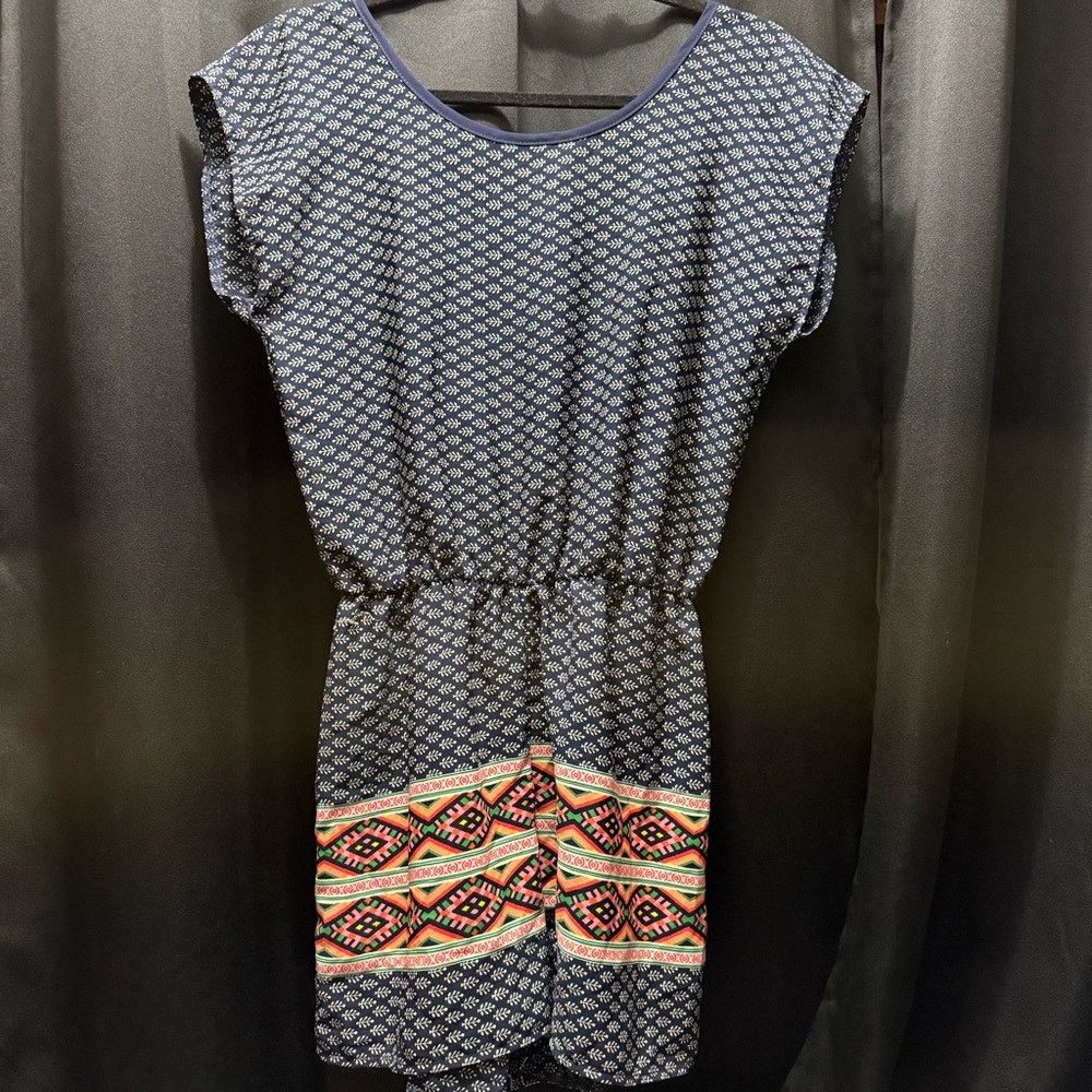 Patterned Navy Romper with Multicolor Accents